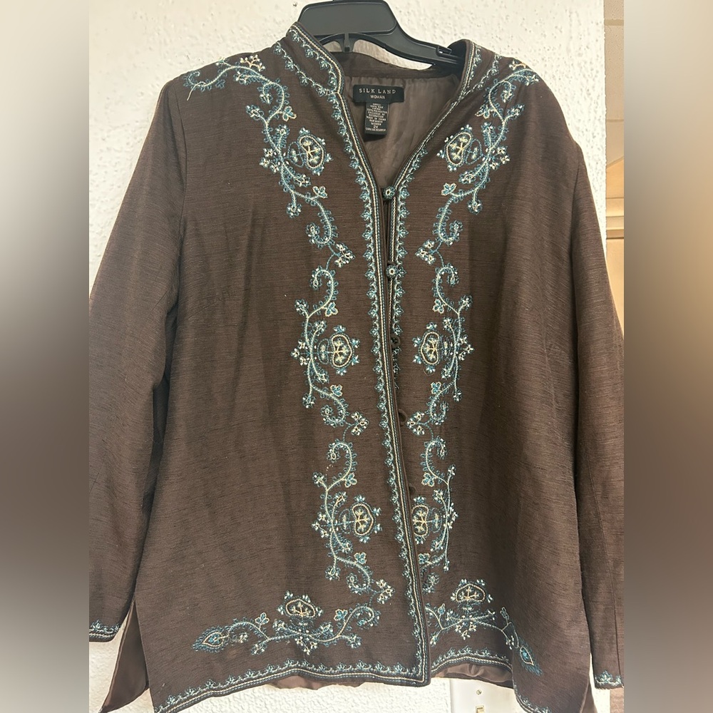Silkland Women’s Brown and Blue embroidered Jacket  size 2X silk plus size